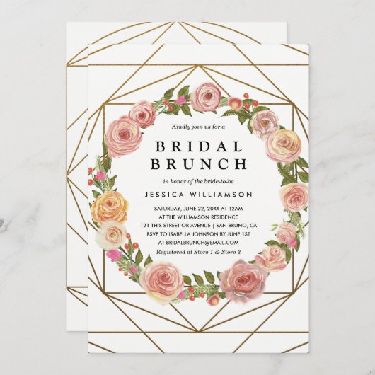 水彩画の花のリースの幾何学的な花嫁のブランチ 招待状 (正面/裏面)