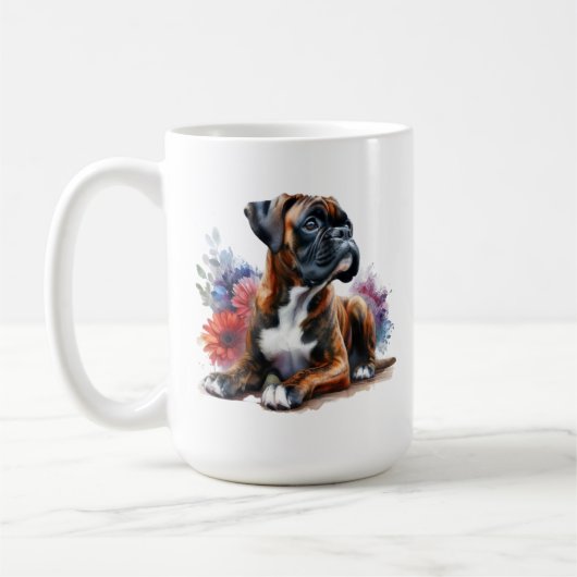 水彩画の花の中でボクサー コーヒーマグカップ (左)