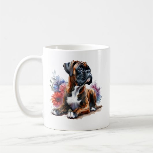水彩画の花の中に入ったボクサー犬 コーヒーマグカップ (左)