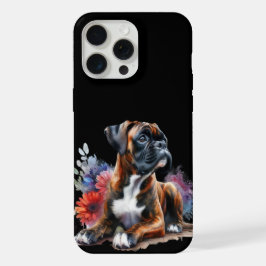水彩画の花の中に入ったボクサー犬 iPhone 15 PRO MAXケース