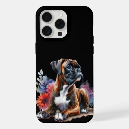 水彩画の花の中に入ったボクサー犬 iPhoneケース (裏面)