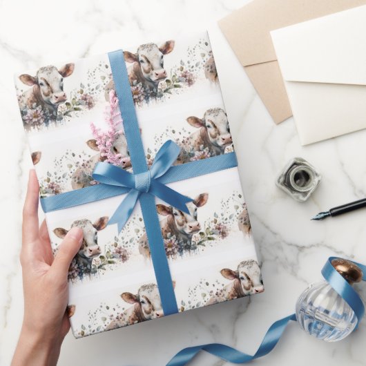 水彩画の花の中の牛 ラッピングペーパー (ギフト)