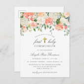 水彩画の花の女の子の最初聖餐式 インビテーションポストカード (正面/裏面)