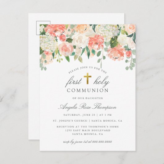 水彩画の花の女の子の最初聖餐式 インビテーションポストカード (正面/裏面)