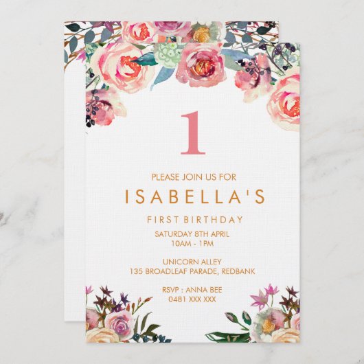 水彩画の花の女の子の誕生日の招待 招待状 (正面/裏面)