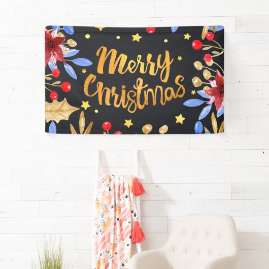 水彩画の花の明るい金メリークリスマス 横断幕 (インサイチュ)