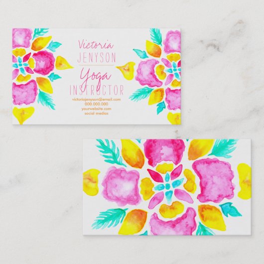 水彩画の花の曼荼羅のヨガのインストラクター 名刺 (正面/裏面)