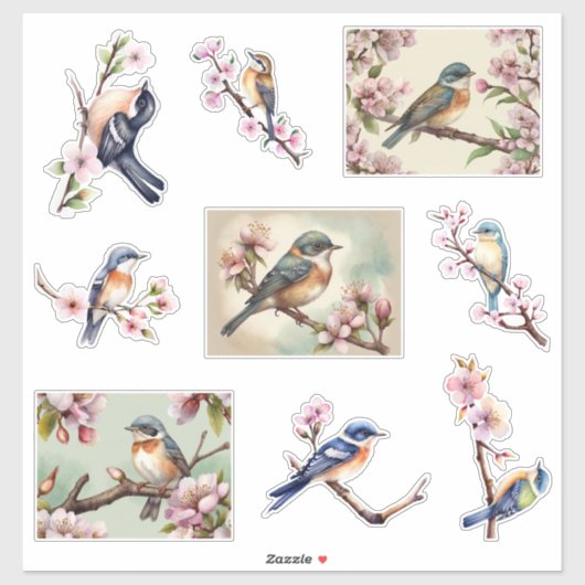 水彩画の花の枝の上の小鳥 シール (シート)
