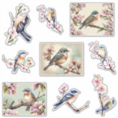 水彩画の花の枝の上の小鳥 シール (正面)