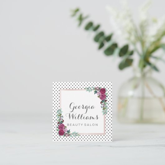 水彩画の花の水玉模様の正方形の名刺 スクエア名刺 (スタンド正面)