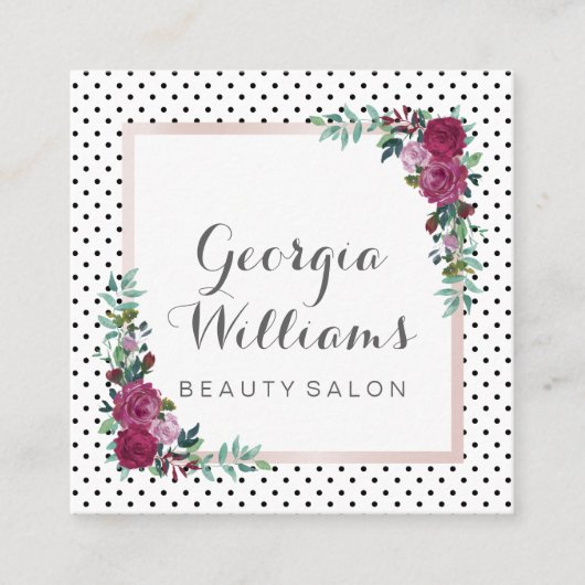 水彩画の花の水玉模様の正方形の名刺 スクエア名刺 (正面)