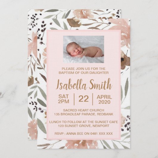 水彩画の花の洗礼/《キリスト教》洗礼式や命名式の招待状 招待状 (正面/裏面)