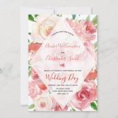 水彩画の花の珊瑚の幾何学的なダイヤモンド結婚式 招待状 (正面)