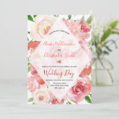 水彩画の花の珊瑚の幾何学的なダイヤモンド結婚式 招待状 (スタンド正面)