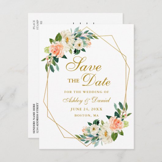 水彩画の花の珊瑚の金ゴールドフレームの保存日付 案内ポストカード (正面/裏面)