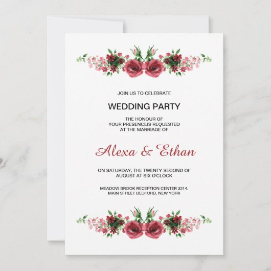 水彩画の花の結婚式のパーティの招待状カード 招待状 (正面)