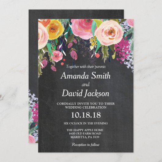 水彩画の花の結婚式招待状の黒板 招待状 (正面/裏面)