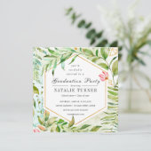 水彩画の花の緑の群葉の卒業パーティー 招待状 (スタンド正面)