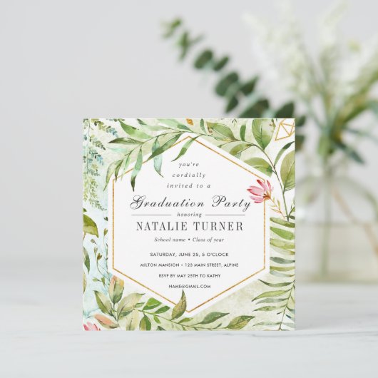 水彩画の花の緑の群葉の卒業パーティー 招待状 (スタンド正面)