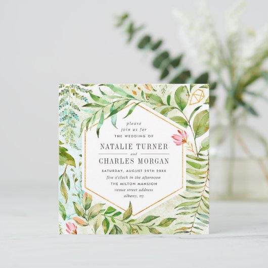 水彩画の花の緑の群葉の結婚式招待状 招待状 (スタンド正面)