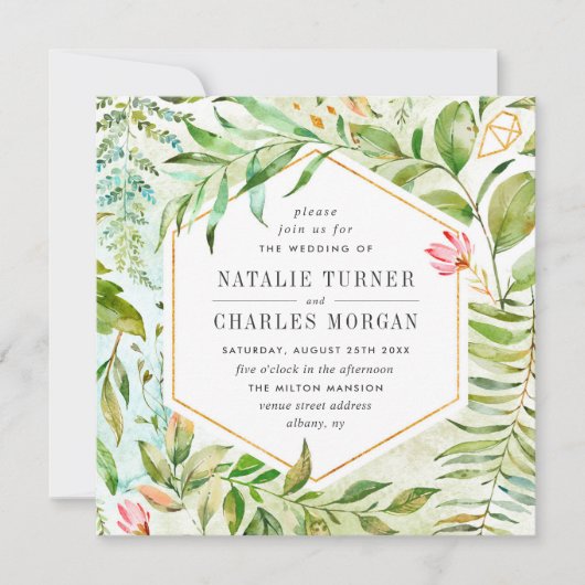 水彩画の花の緑の群葉の結婚式招待状 招待状 (正面)