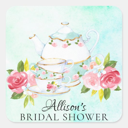 水彩画の花の花嫁のお茶会の封筒用シール スクエアシール (正面)