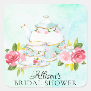 水彩画の花の花嫁のお茶会の封筒用シール スクエアシール