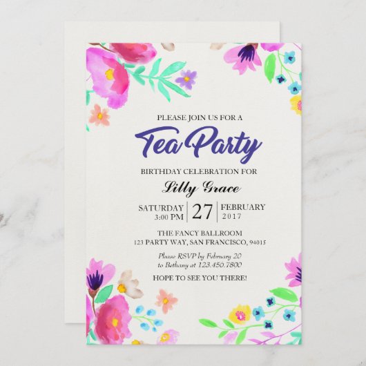水彩画の花の誕生日の茶パーティの招待状 招待状 (正面/裏面)