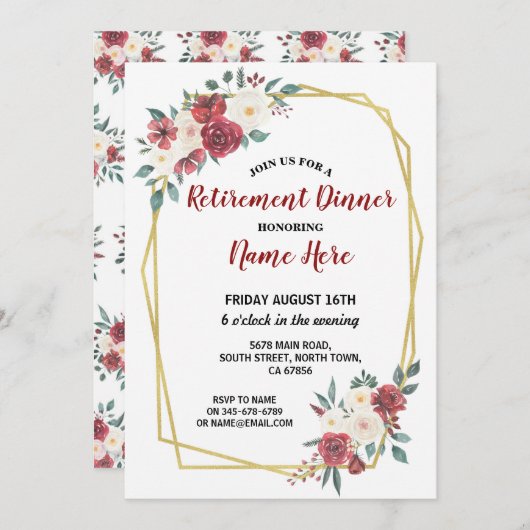 水彩画の花の退職パーティーの赤いクリーム色の金ゴールド 招待状 (正面/裏面)