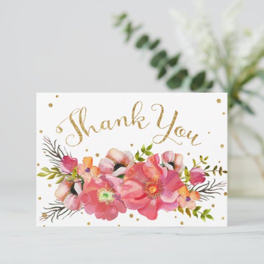 水彩画の花の金ゴールドのグリッターのモダンは感謝していしています サンキューカード (スタンド正面)