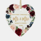 水彩画の花の金ゴールドの原稿の初めてのクリスマス セラミックオーナメント (右)