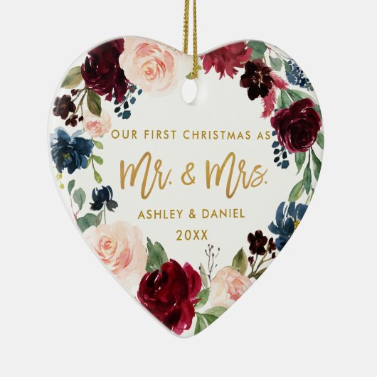 水彩画の花の金ゴールドの原稿の初めてのクリスマス セラミックオーナメント (右)