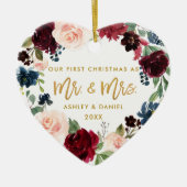 水彩画の花の金ゴールドの原稿の初めてのクリスマス セラミックオーナメント (正面)