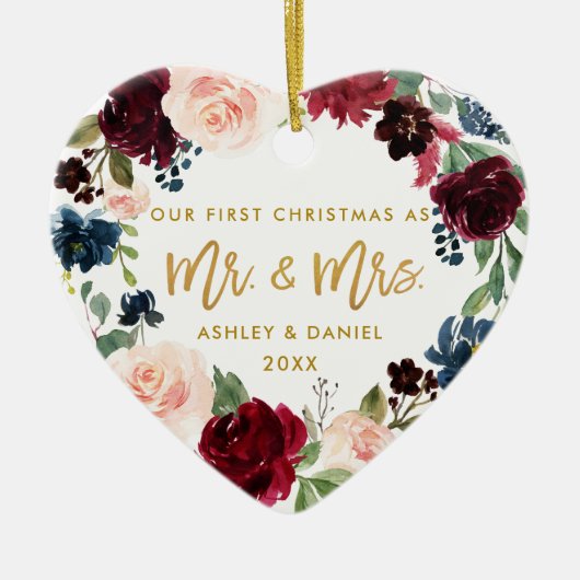 水彩画の花の金ゴールドの原稿の初めてのクリスマス セラミックオーナメント (正面)