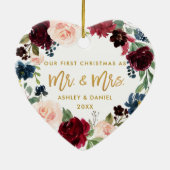 水彩画の花の金ゴールドの原稿の初めてのクリスマス セラミックオーナメント (裏面)