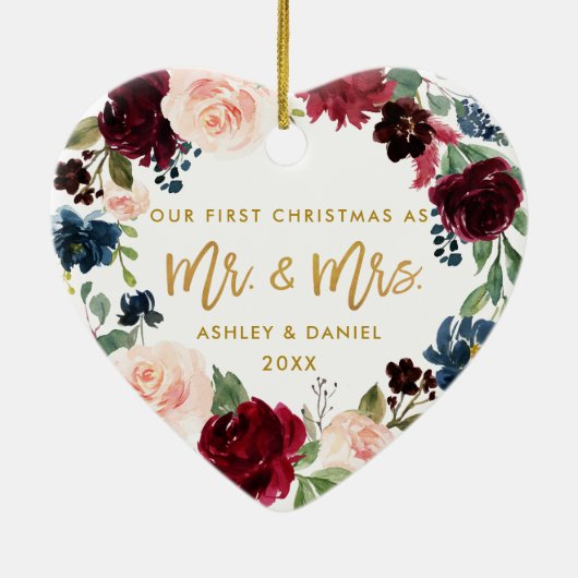 水彩画の花の金ゴールドの原稿の初めてのクリスマス セラミックオーナメント (裏面)