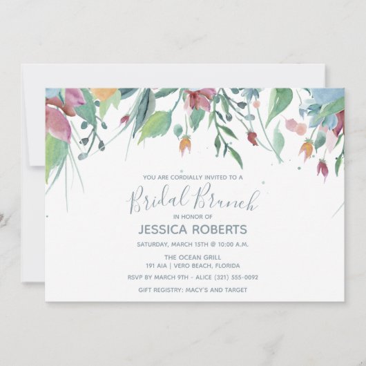 水彩画の花の青い花嫁のブランチのパーティー 招待状 (正面)