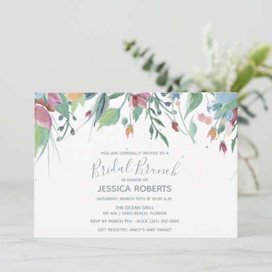 水彩画の花の青い花嫁のブランチのパーティー 招待状 (スタンド正面)