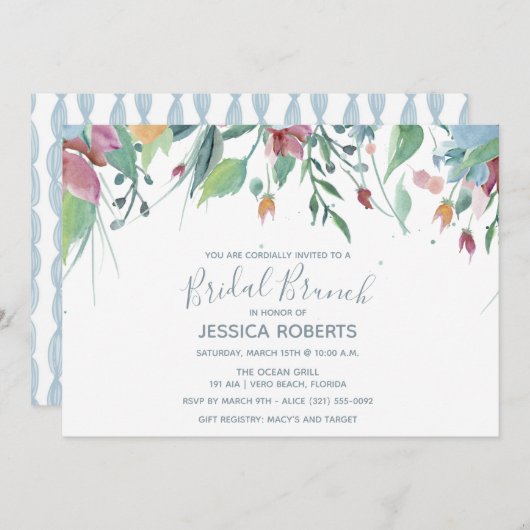 水彩画の花の青い花嫁のブランチのパーティー 招待状 (正面/裏面)