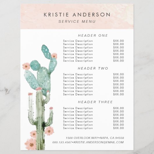 水彩画の花を咲かせたサボテンの価格とサービス チラシ (正面)