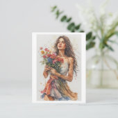 水彩画の花を持つ女性 シーズンポストカード (スタンド正面)