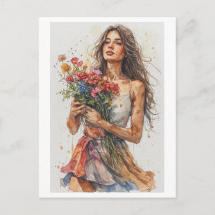 水彩画の花を持つ女性 シーズンポストカード