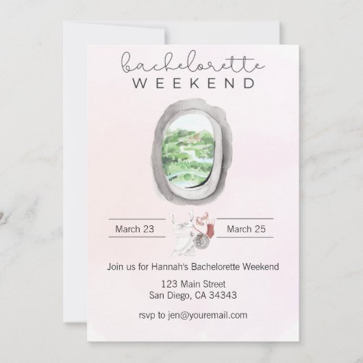 水彩画の花嫁お別れパーティ飛行機窓の招待状 招待状 (正面)