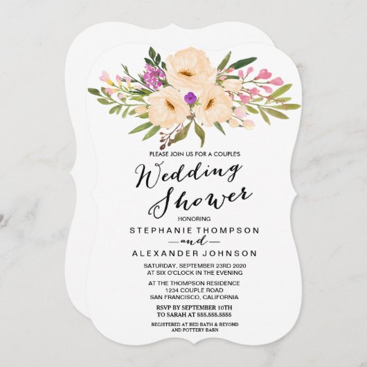 水彩画の花束のアネモネのカップルのウェディングシャワー 招待状 (正面/裏面)