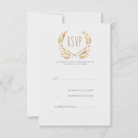 水彩画の花柄の羽の(雄ジカの)枝角RSVPカード 出欠カード (正面)