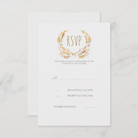 水彩画の花柄の羽の(雄ジカの)枝角RSVPカード 出欠カード (正面/裏面)