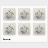 水彩画の花柄ティーカップのウサギ スクエアシール (シート)