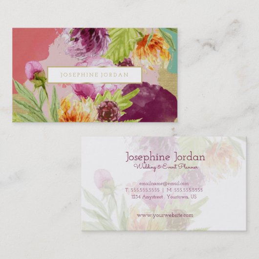 水彩画の花柄及び金ゴールドホイルのモダンな名刺 名刺 (正面/裏面)