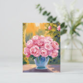 水彩画の花瓶に活けたピンクのバラの花束 ポストカード (スタンド正面)