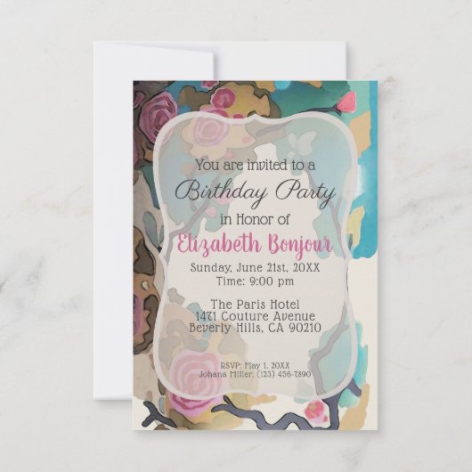 水彩画の花 紙とサイズのオプション - 出席の返信欄付き 招待状 (裏面)